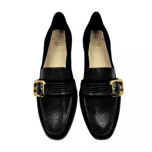 Vince Camuto Black Textured Leather Loafers with Gold Accent